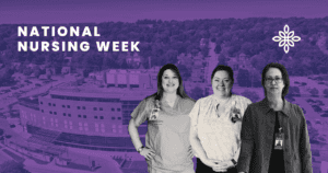 A group of nurses standing in front of a purple background.