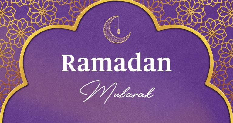 A purple graphic with ornate gold decorations and white text that reads "Ramadan Mubarak"