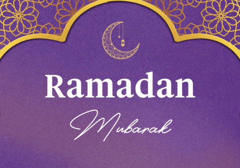 A purple graphic with ornate gold decorations and white text that reads "Ramadan Mubarak"