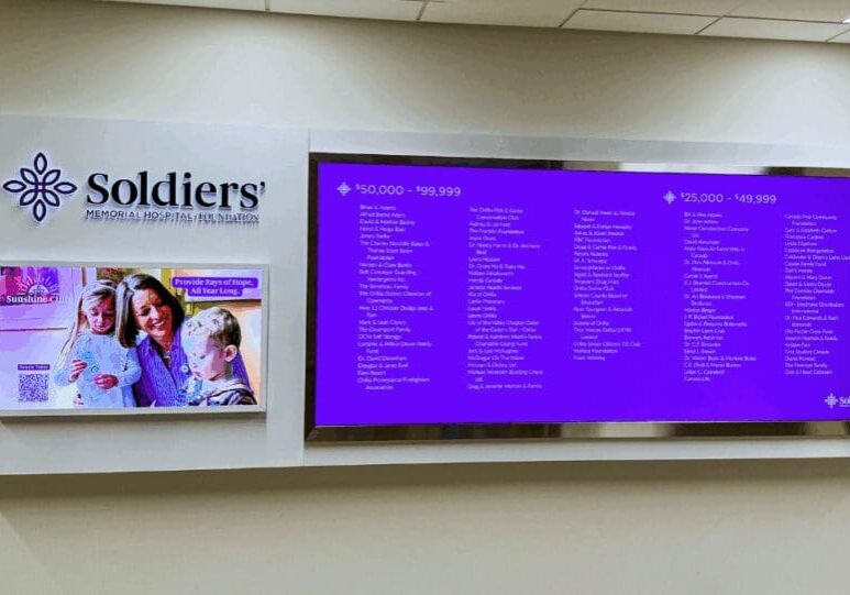 A beige wall with a large digital screen on it. The screen is purple and has a list of donor names written in white. To the right, there is a "Soldiers'" logo and a screen with a doctor talking to two children.